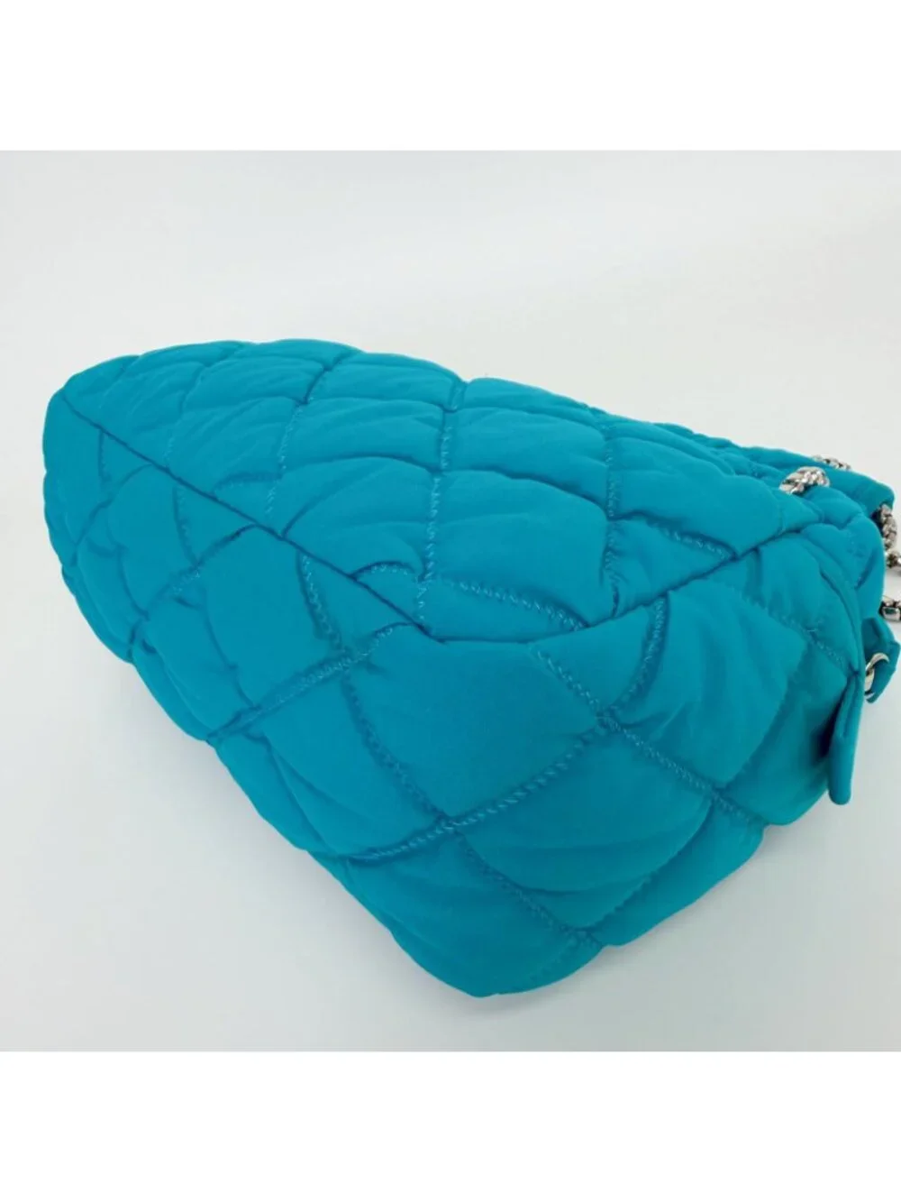 Chanel Bubble Quilt Chain Shoulder Bag Cotton Turquoise Blue Silver Seal Vintage
